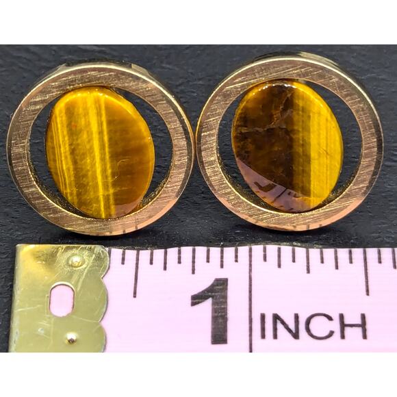 Swank Cuff Links, Gold-tone, Tiger's Eye Stone, Bullet Back Toggle - Picture 4 of 4